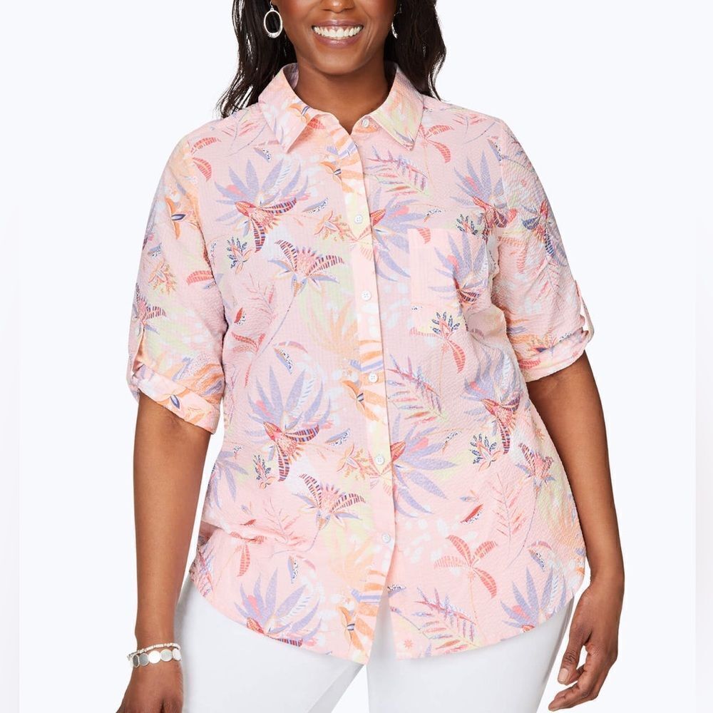 Foxcroft Top Women's 8 Tamara Pink Strawberry Paradise Roll Tab‎ Seersucker NWT
